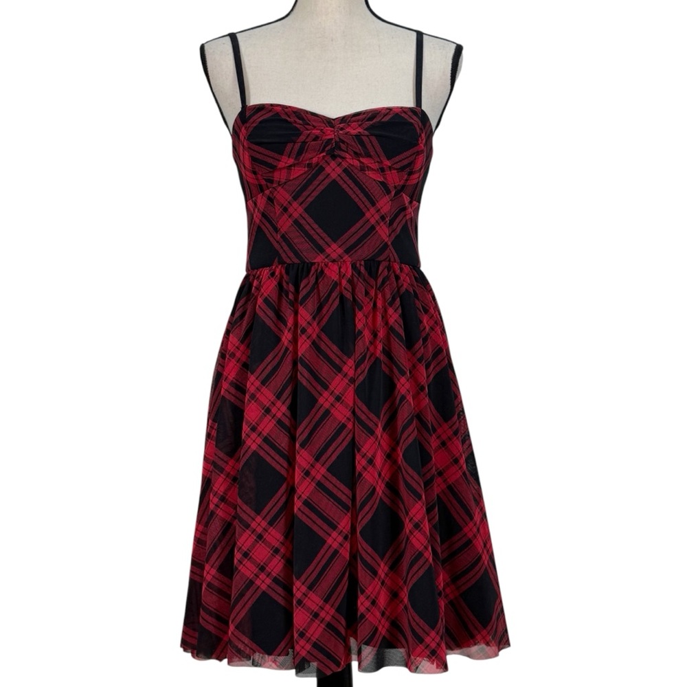 Betsey Johnson Plaid Dress Red Black Tartan Fit Flare Mini Skater Punk size 2